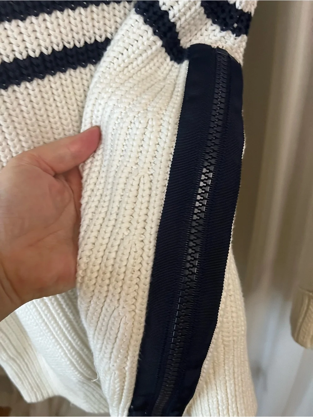 kate spade Aura Chunky Ribbed Knit White and Black Striped Crewneck Sweater